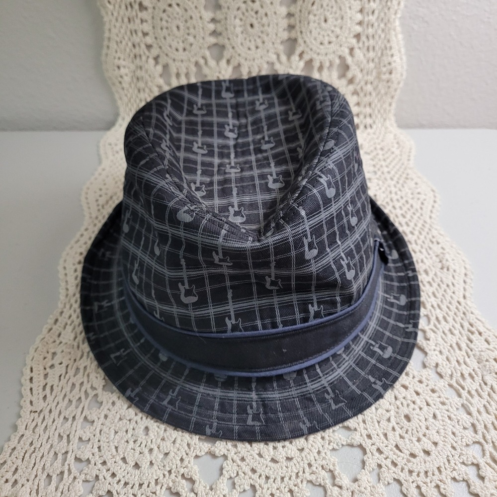 Fender Plaid Guitar Print Cotton Fedora Hat Black Gray Men's or women's Large